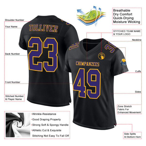 Custom Black Purple-Gold Mesh Authentic Football Jersey - Image 2