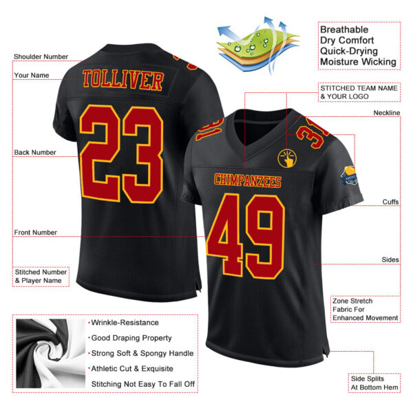 Custom Black Red-Gold Mesh Authentic Football Jersey - Image 3