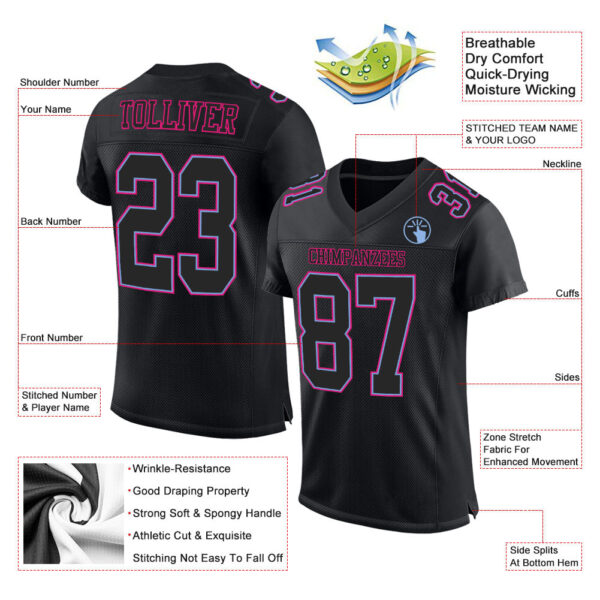 Custom Black Black Powder Blue-Hot Pink Mesh Authentic Football Jersey - Image 2