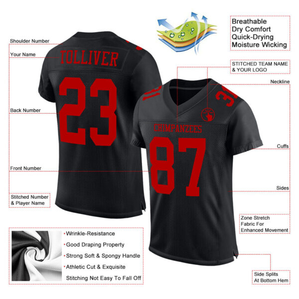 Custom Black Red Mesh Authentic Football Jersey - Image 2