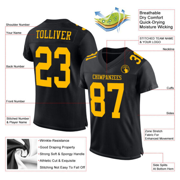 Custom Black Gold Mesh Authentic Football Jersey - Image 2