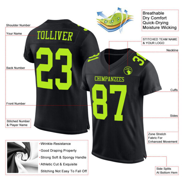 Custom Black Neon Green Mesh Authentic Football Jersey - Image 2