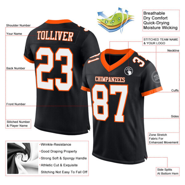 Custom Black White-Orange Mesh Authentic Football Jersey - Image 2