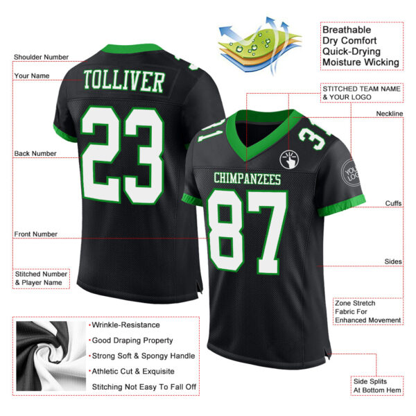 Custom Black White-Grass Green Mesh Authentic Football Jersey - Image 2
