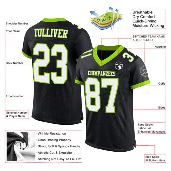 Custom Black White-Neon Green Mesh Authentic Football Jersey - Image 2
