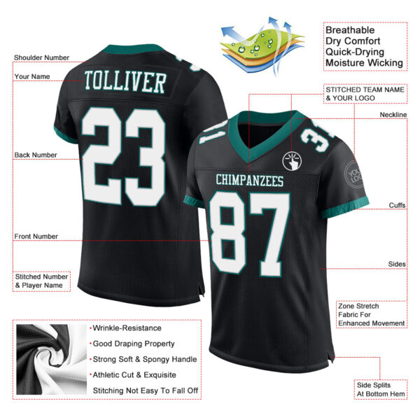 Custom Black White-Midnight Green Mesh Authentic Football Jersey - Image 2