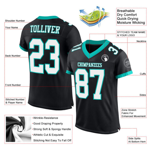 Custom Black White-Aqua Mesh Authentic Football Jersey - Image 2