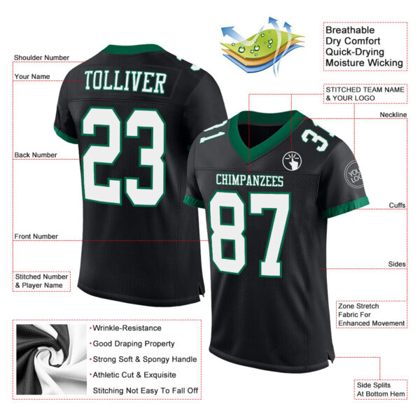 Custom Black White-Kelly Green Mesh Authentic Football Jersey - Image 2