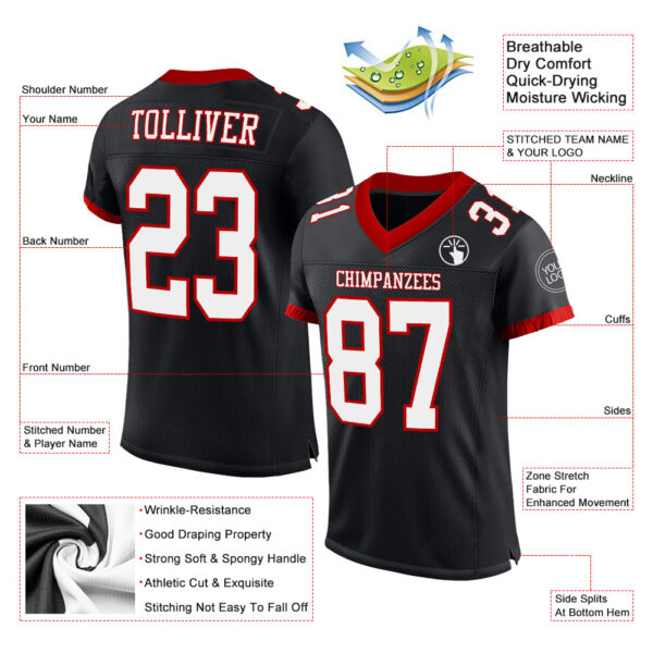 Custom Black White-Red Mesh Authentic Football Jersey - Image 2