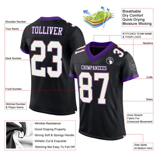 Custom Black White-Purple Mesh Authentic Football Jersey - Image 2