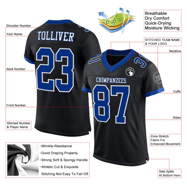 Custom Black Royal-White Mesh Authentic Football Jersey - Image 2