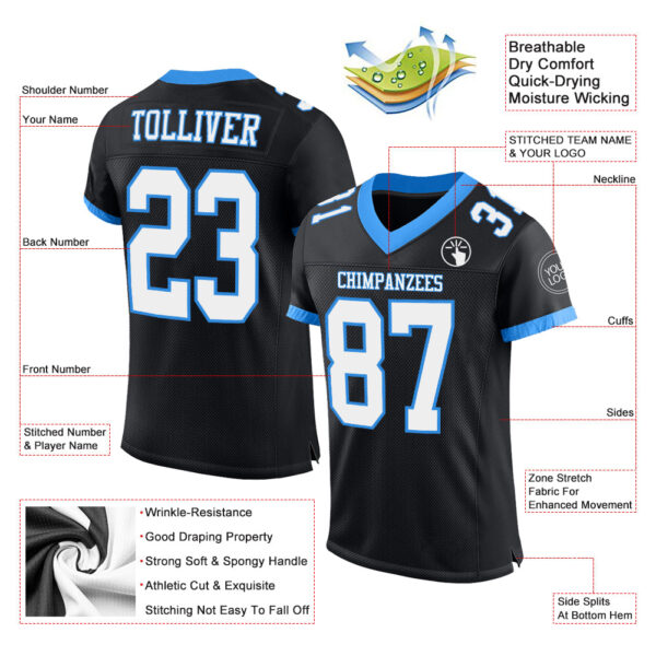 Custom Black White-Powder Blue Mesh Authentic Football Jersey - Image 2