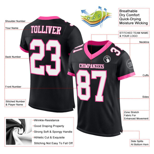 Custom Black White-Pink Mesh Authentic Football Jersey - Image 2
