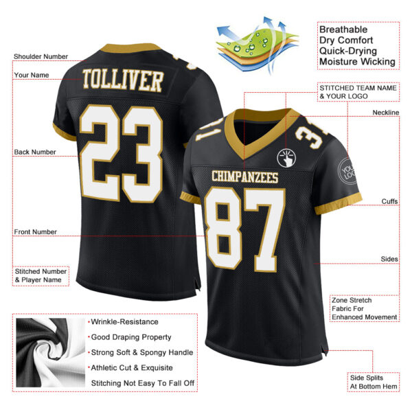 Custom Black White-Old Gold Mesh Authentic Football Jersey - Image 2