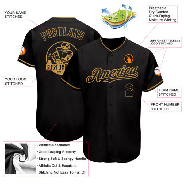 Custom Black Old Gold Authentic Baseball Jersey - Image 3