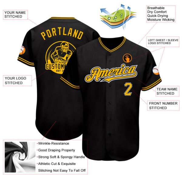 Custom Black Gold-Yellow Authentic Baseball Jersey - Image 3