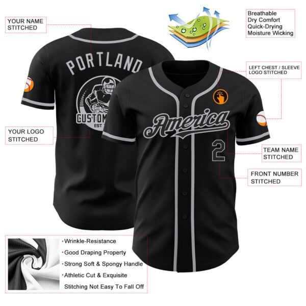 Custom Black Gray Authentic Baseball Jersey - Image 3