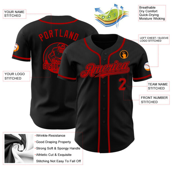 Custom Black Red Authentic Baseball Jersey - Image 3