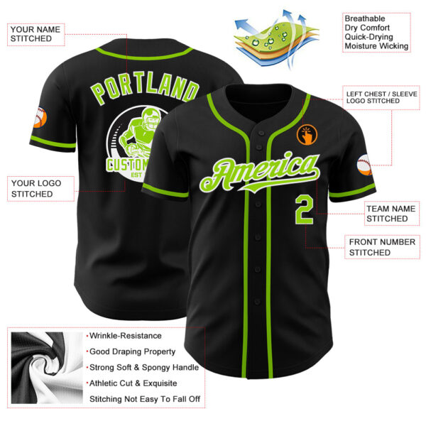 Custom Black Neon Green-White Authentic Baseball Jersey - Image 3