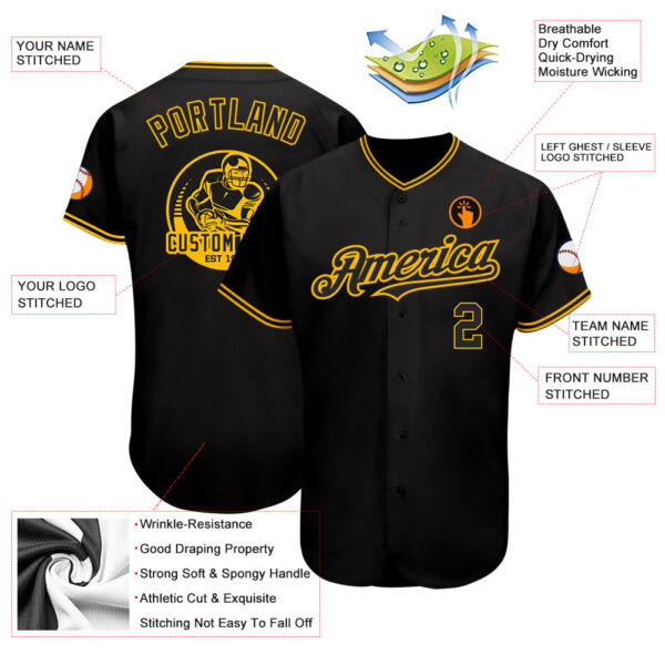 Custom Black Gold Authentic Baseball Jersey - Image 3
