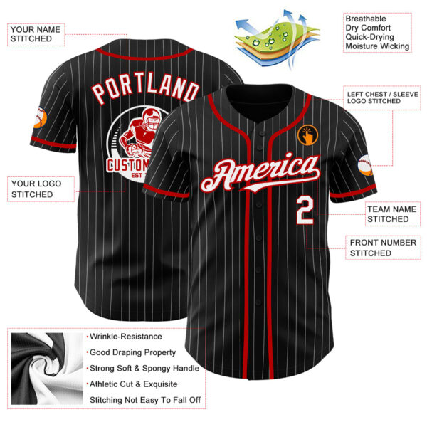 Custom Black White Pinstripe Red Authentic Baseball Jersey - Image 3