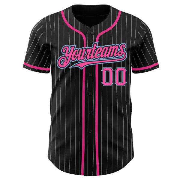 Custom Black White Pinstripe Pink-Light Blue Authentic Baseball Jersey - Image 2