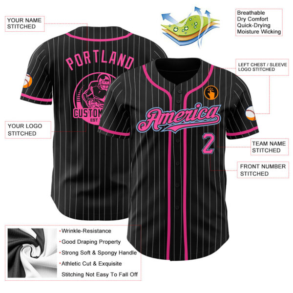 Custom Black White Pinstripe Pink-Light Blue Authentic Baseball Jersey - Image 3