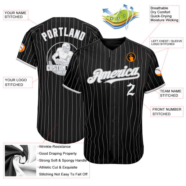 Custom Black Gray Pinstripe White Authentic Baseball Jersey - Image 3