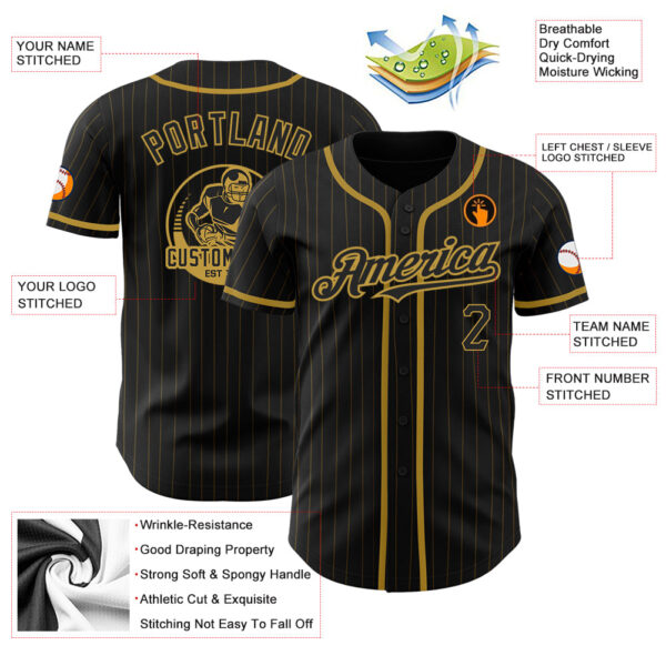 Custom Black Old Gold Pinstripe Old Gold Authentic Baseball Jersey - Image 3