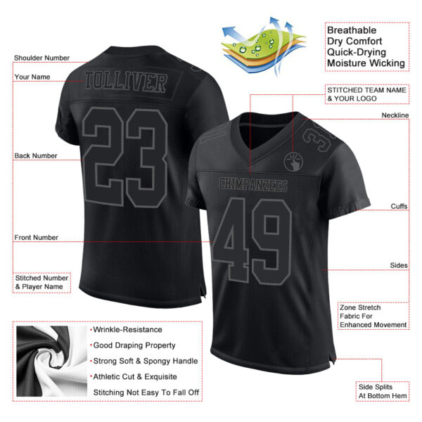 Custom Black Steel Gray Mesh Authentic Football Jersey - Image 2
