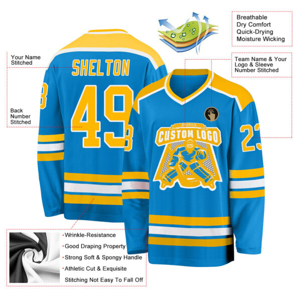 Custom Blue Gold-White Hockey Jersey - Image 3