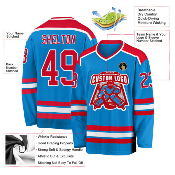 Custom Blue Red-White Hockey Jersey - Image 3
