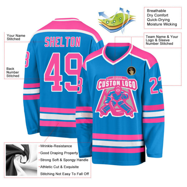 Custom Blue Pink-White Hockey Jersey - Image 3