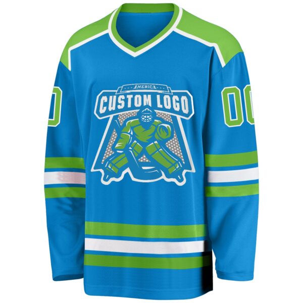 Custom Blue Neon Green-White Hockey Jersey - Image 2