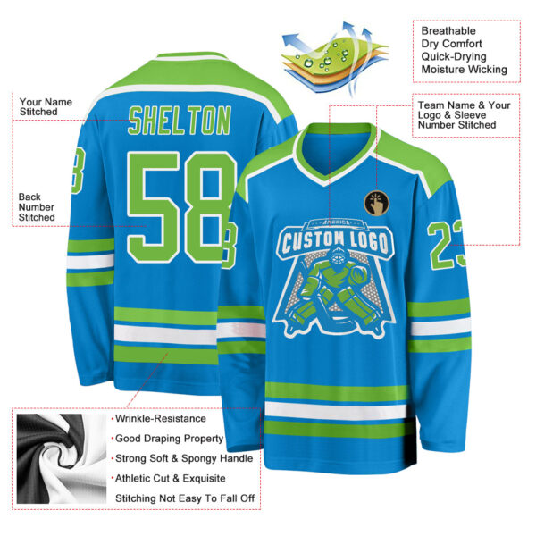 Custom Blue Neon Green-White Hockey Jersey - Image 3