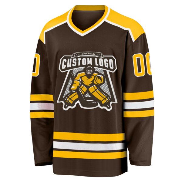 Custom Brown Gold-White Hockey Jersey - Image 2
