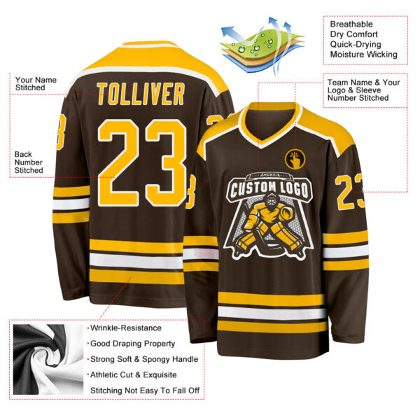Custom Brown Gold-White Hockey Jersey - Image 3