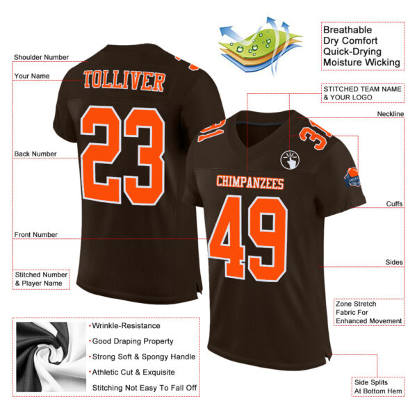 Custom Brown Orange-White Mesh Authentic Football Jersey - Image 2
