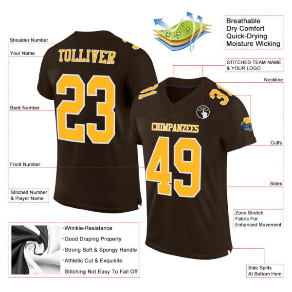 Custom Brown Gold-White Mesh Authentic Football Jersey - Image 2