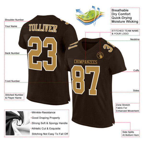 Custom Brown Old Gold-White Mesh Authentic Football Jersey - Image 2