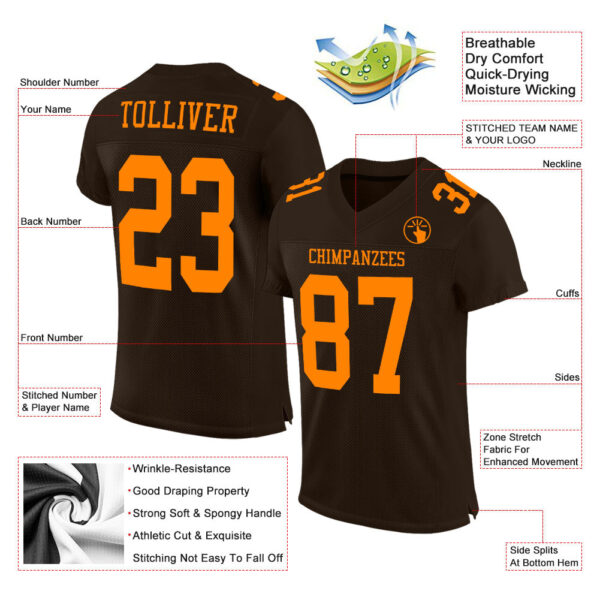 Custom Brown Bay Orange Mesh Authentic Football Jersey - Image 2