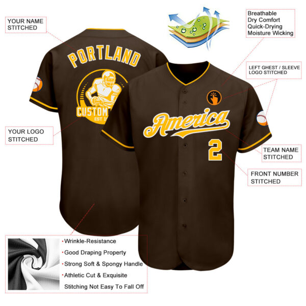 Custom Brown Gold-White Authentic Baseball Jersey - Image 3
