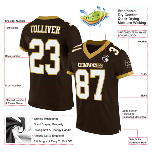 Custom Brown White-Old Gold Mesh Authentic Football Jersey - Image 2
