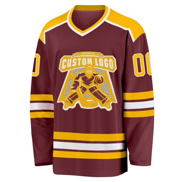 Custom Burgundy Gold-White Hockey Jersey - Image 2