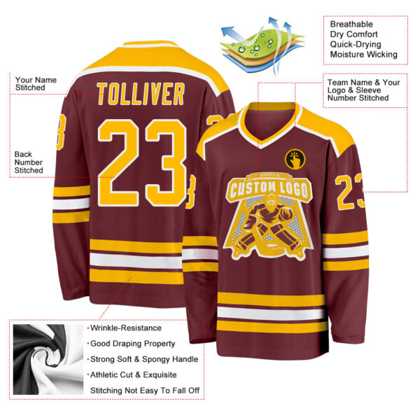 Custom Burgundy Gold-White Hockey Jersey - Image 3
