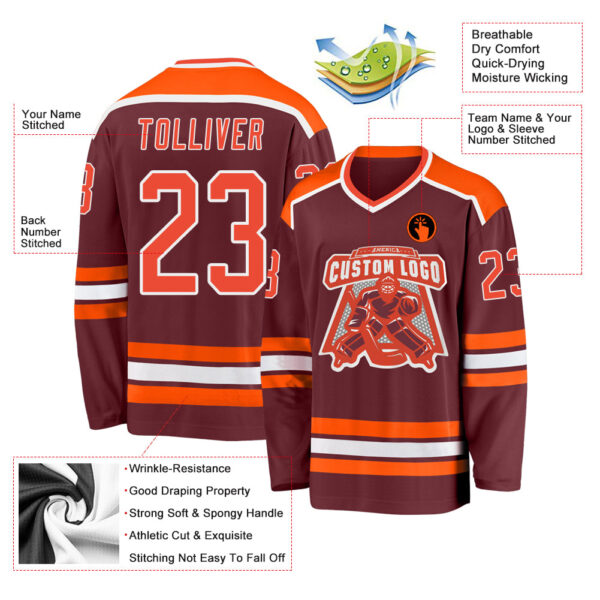 Custom Burgundy Orange-White Hockey Jersey - Image 3