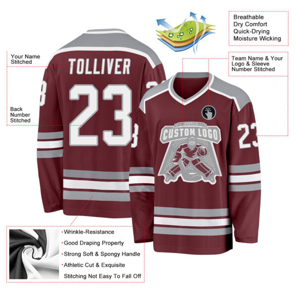 Custom Burgundy White-Gray Hockey Jersey - Image 3