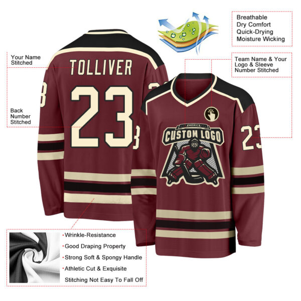 Custom Burgundy Cream-Black Hockey Jersey - Image 3