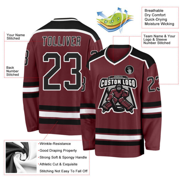Custom Burgundy Black-White Hockey Jersey - Image 3