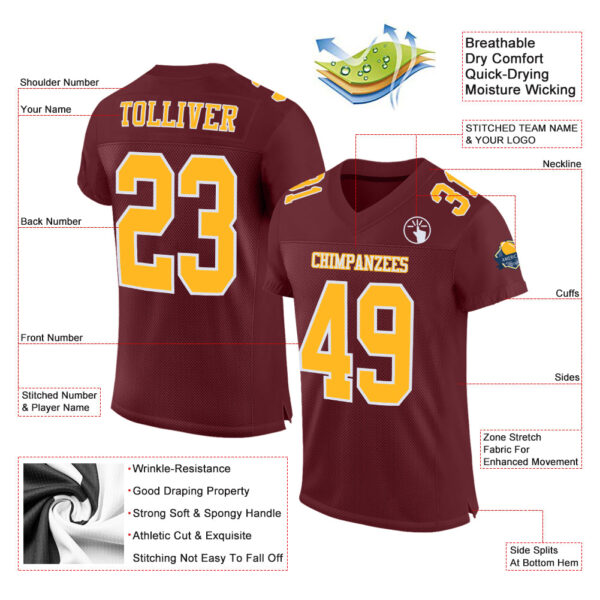 Custom Burgundy Gold-White Mesh Authentic Football Jersey - Image 2